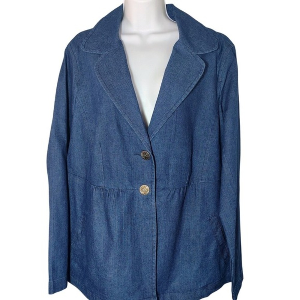 Denim Jean Jacket Blazer 1X Gold Button‎ Embellished Sleeves vintage chic